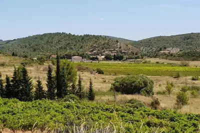 a field with trees and a farm in the distance at La maison d' Anne , nature et convivialité ... in Albas