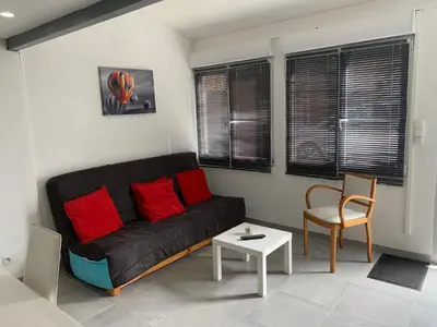 a living room with a black couch and red pillows at L appart d Ange 2 idealement situe 47m2 entre le port et le village in Gruissan