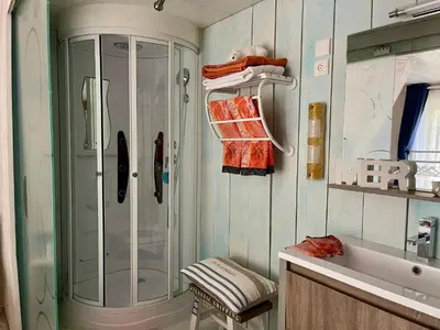a bathroom with a shower and a sink at Gîte Les logis du Pech in Narbonne