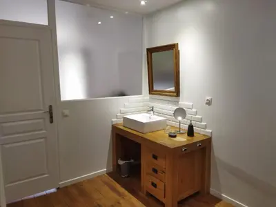 a bathroom with a sink and a mirror at Aur Blan - Les Pipistrelles in Le Somail