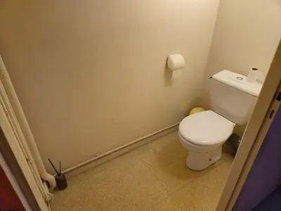 a bathroom with a white toilet in a room at Résidence Anclo in Rennes-les-Bains