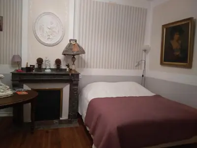 a bedroom with a bed and a fireplace and a table at Beausejour in Lézignan-Corbières