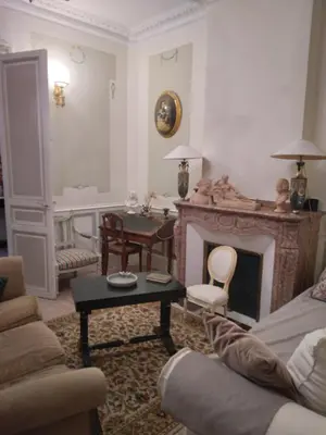 a living room with a couch and a fireplace at Beausejour in Lézignan-Corbières