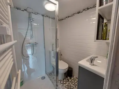 a bathroom with a shower and a toilet and a sink at Le Cantou de Juliette (studio) in Prugnanes
