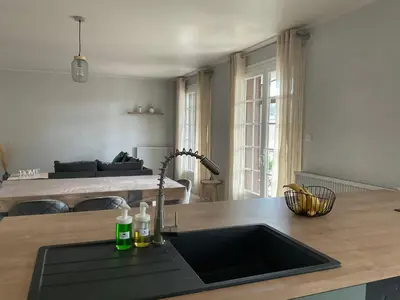 a kitchen with a sink and a living room at NATURE by Reine du Sud, proche des Grands Buffets in Narbonne
