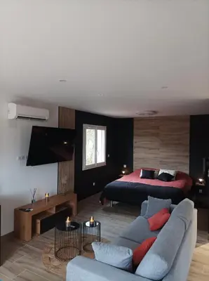 a bedroom with a bed and a couch and a bed at Loft sauna jacuzzi ospariegeois in Lavelanet