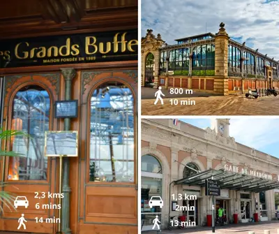 two pictures of a building with a store at L'appart cinéma Centre ville Narbonne in Narbonne