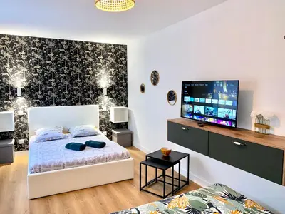 a bedroom with a bed and a flat screen tv at Superbe Appt avec cour et parking gratuit à 5min de la cité médiévale in Carcassonne