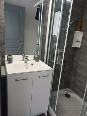 a bathroom with a white sink and a shower at Superbe Appt avec cour et parking gratuit à 5min de la cité médiévale in Carcassonne