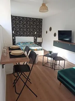 a room with a table and chairs and a bed at Superbe Appt avec cour et parking gratuit à 5min de la cité médiévale in Carcassonne