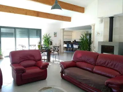 a living room with a leather couch and a table at Villa Félines in Félines-Minervois