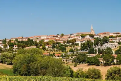 a town on a hill with trees and houses at Charmant T2 refait à neuf, au cœur de Puylaurens in Puylaurens