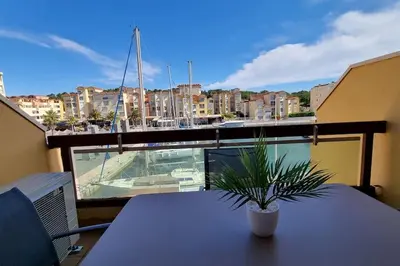 a potted plant sitting on a table on a balcony at Magnifique Studio sur le Port de Gruissan (2 à 4 pers) in Gruissan