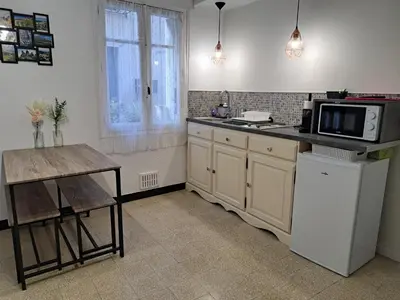 a kitchen with a sink and a microwave oven at Bel appartement 2/4personnes in Douzens
