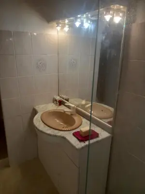 a small bathroom with a shower and a sink at chambre double avec cuisine salon salle d'eau et cour avec barbecu en commun in Sigean