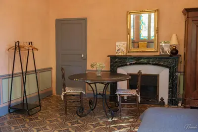 a room with a table and a fireplace with a mirror at Gîte du parc à Langel in Armissan
