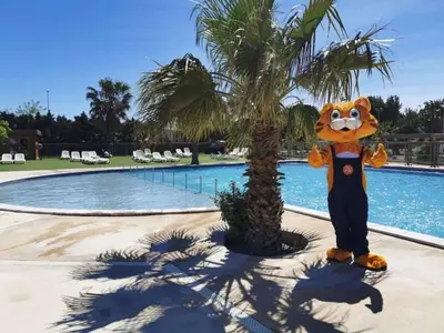 a mascot standing next to a palm tree next to a pool at Les mobil homes de Naka, 6 places, TV, CLIM in Port-la-Nouvelle