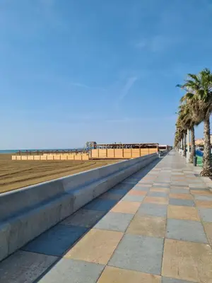a boardwalk on the beach with palm trees at Les mobil homes de Naka, 6 places, TV, CLIM in Port-la-Nouvelle