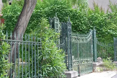 a black wrought iron fence next to a tree at Maison vigneronne de Bonne Maman - climatisée in Cesseras
