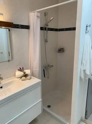 a white bathroom with a shower and a sink at Neuve Romantique in Montbrun-des-Corbières