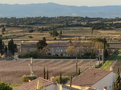 a view of a farm with houses in a field at Neuve Romantique in Montbrun-des-Corbières