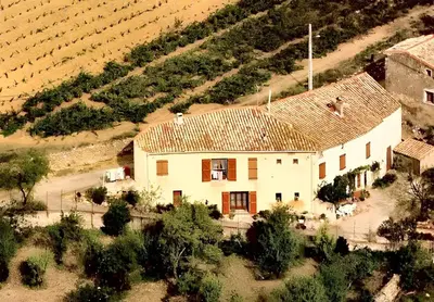 an aerial view of a house in a vineyard at Maison champêtre à Tournissan avec grand jardin in Tournissan