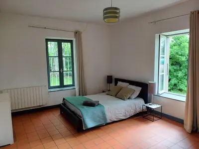 a bedroom with a bed and two windows at Maison de Pierre 4 à 6 personnes in Lempaut
