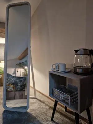 a mirror standing next to a cabinet in a kitchen at Villa Maskali in Cuxac-dʼAude