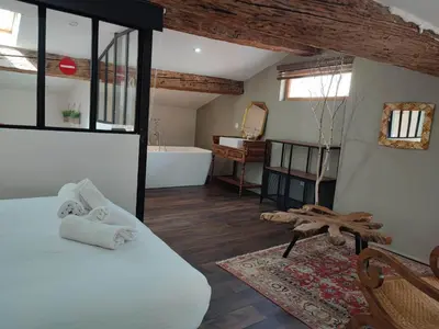 a bedroom with a bed and a tub and a table at La Terrasse du Temps Jadis in Carcassonne